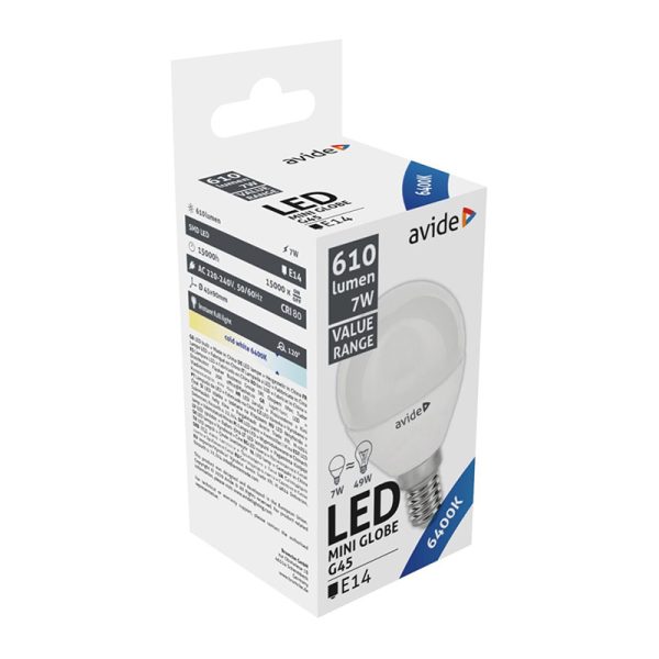 AVIDE ΛΑΜΠΑ LED ΣΦΑΙΡΑ E14 7W=49W CW ΨΥΧΡΟ