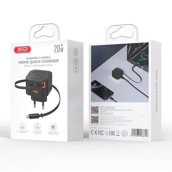 ΦΟΡΤΙΣΤΗΣ Ταχείας Φόρτισης με Ανασυρόμενο Καλώδιο Type-C & 1 Θύρα USB-A EU 20W XO L165