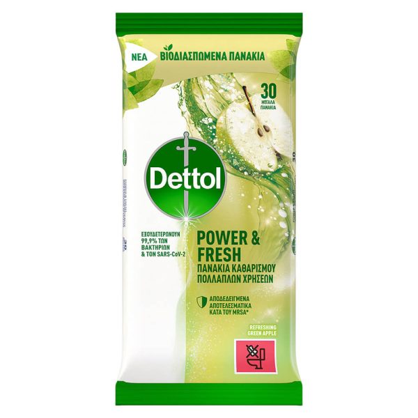 DETTOL ΑΝΤΙΒΑΚΤΗΡΙΔΙΑΚΑ ΠΑΝΑΚΙΑ ΚΑΘΑΡΙΣΜΟΥ 30τεμ. GREEN APPLE