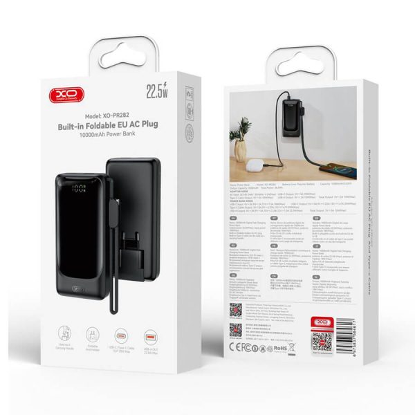 POWER BANK 10000mAh Ταχείας Φόρτισης 22.5W με Πρίζα & Λουράκι Type-C XO PR282