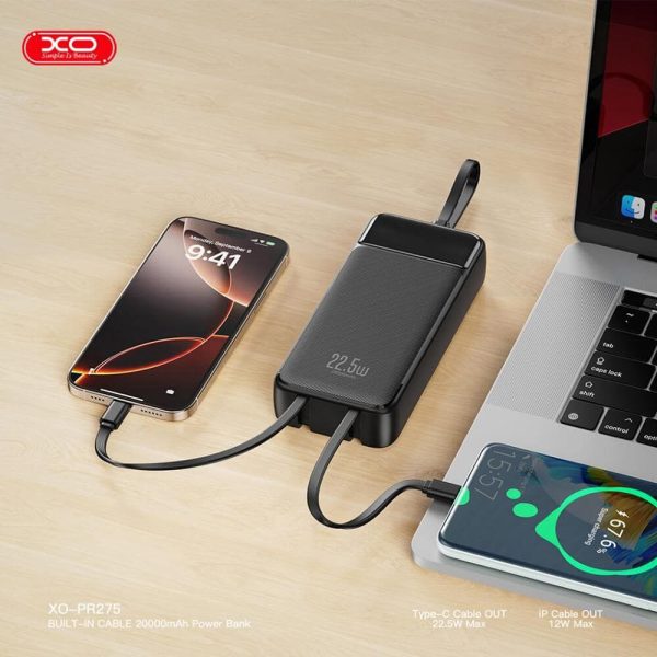 POWER BANK 20000mAh 22.5W με 3 Ενσωματωμένα Καλώδια και οθόνη XO PR275
