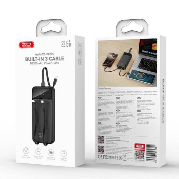 POWER BANK 20000mAh 22.5W με 3 Ενσωματωμένα Καλώδια και οθόνη XO PR275