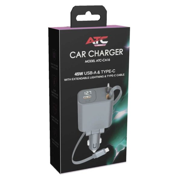 ΦΟΡΤΙΣΤΗΣ ΑΥΤΟΚΙΝΗΤΟΥ USB-A & Type-C 45W με Επεκτεινόμενο Καλώδιο Lightning & Type-C ATC-CA16