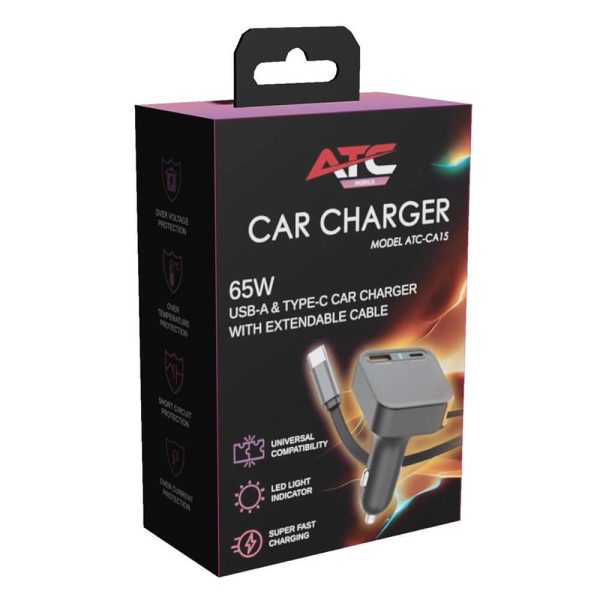 ΦΟΡΤΙΣΤΗΣ ΑΥΤΟΚΙΝΗΤΟΥ USB-A & Type-C 65W με Επεκτεινόμενο Καλώδιο Type-C ATC-CA15